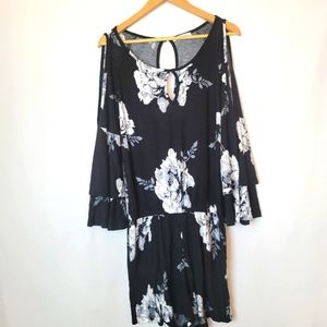 Lascana Black and White Floral Print Shorts Romper Cold Shoulder, Size 8